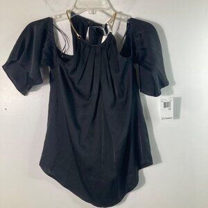 Womens Trina Turk Audree Silk Cold Shoulder Chain Top Black Gold XS Silk Spandex